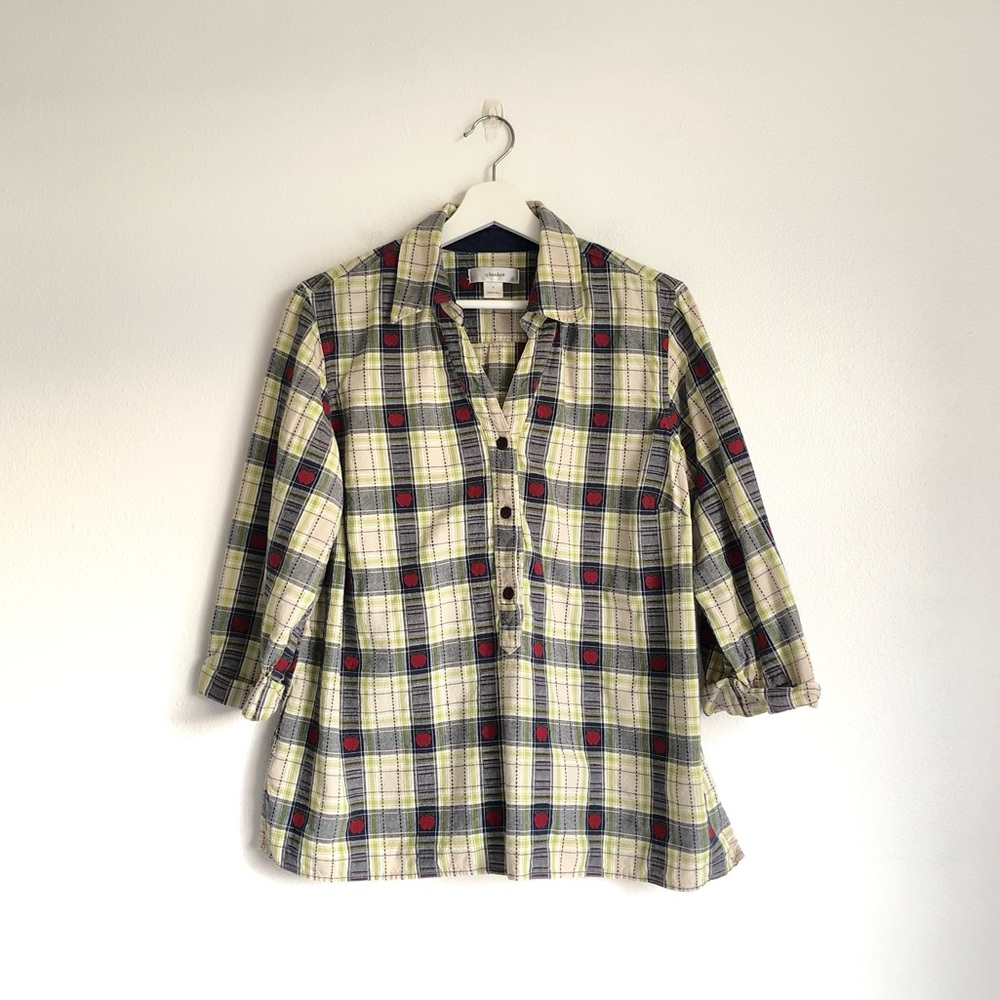 CJ Banks Red Apple Green / Blue Plaid Collared Henley Shirt Top Size XL